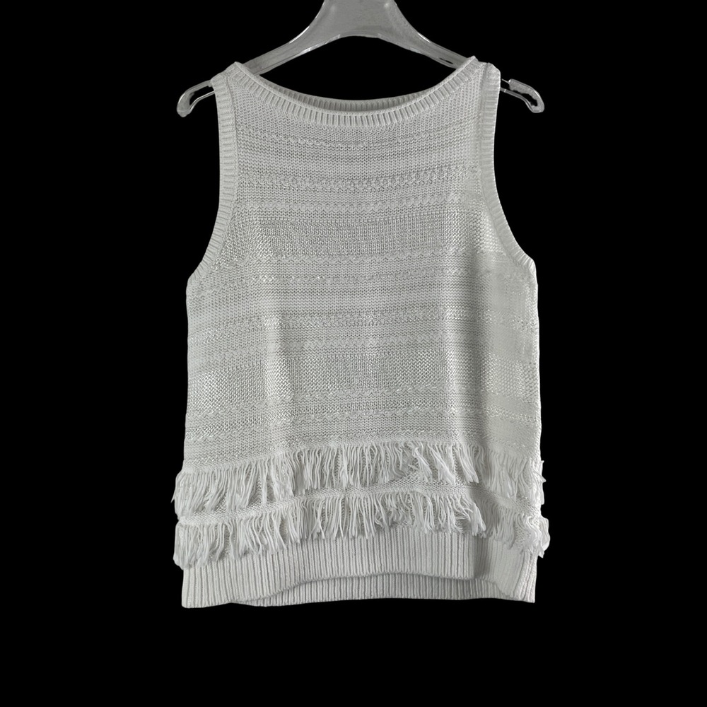 Lauren Ralph Lauren Fringe Knit Top L Linen BlendWhite Coastal Boho Nautical